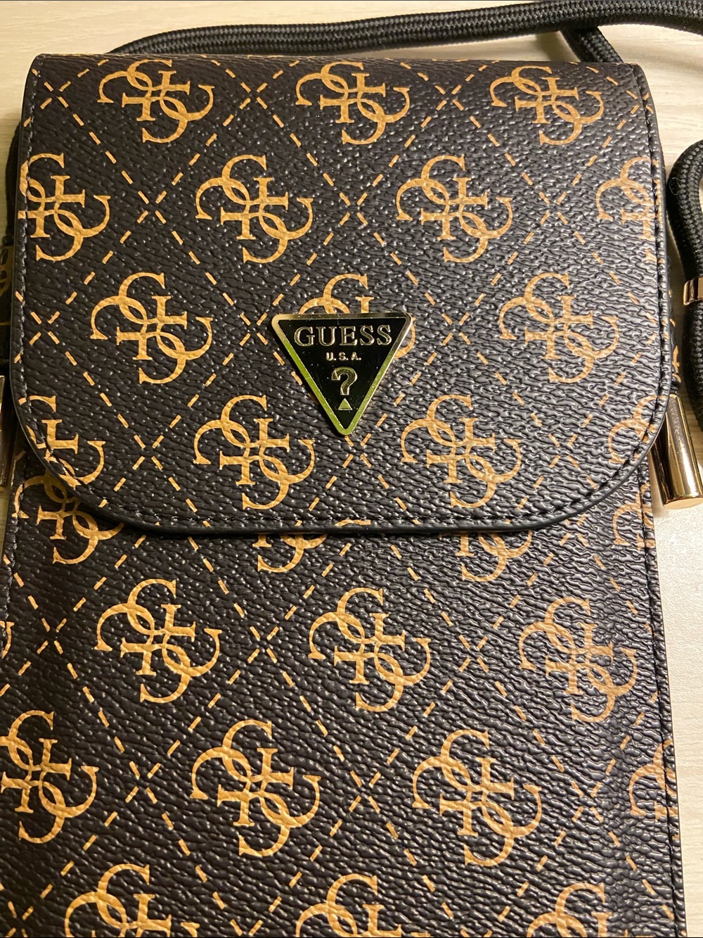 GUESS Brown Monogram Phone Crossbody with Gold Logo - Picture 2 of 5